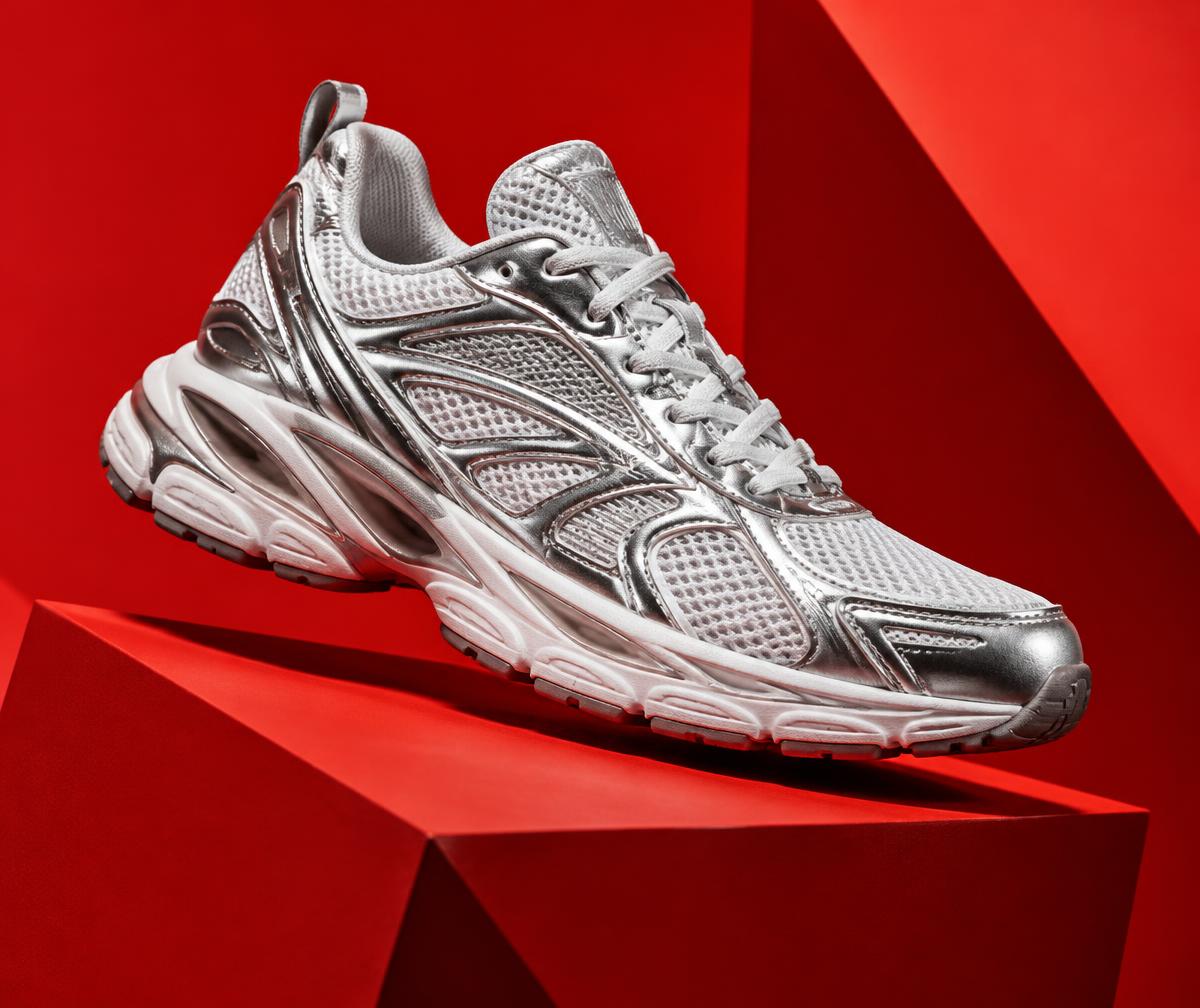 Silver technical sneaker in a bold red sculptural campaign set