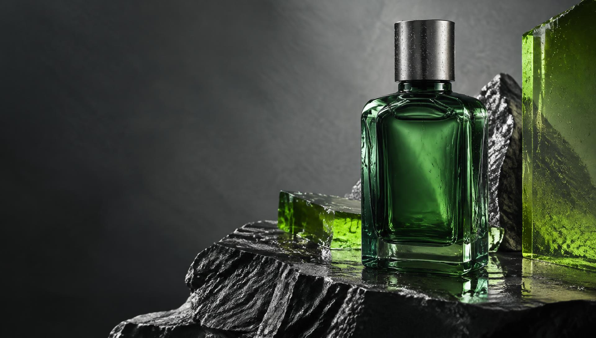 Emerald fragrance bottle on black stone with sculptural glass and precision studio lighting