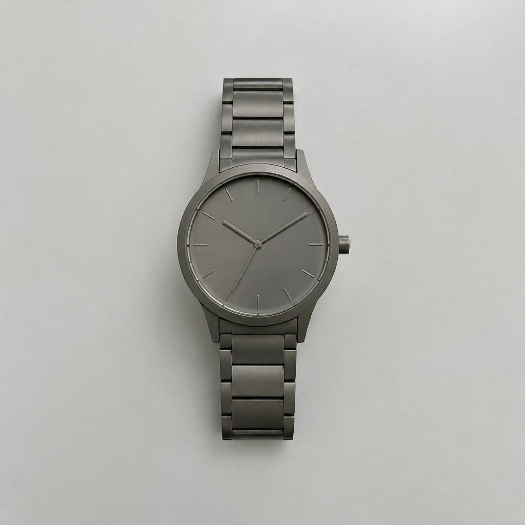 Original photograph of a brushed steel wristwatch on a plain grey tabletop